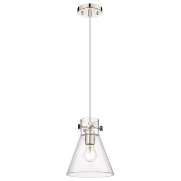 Newton Cone 1 Light 8" Cord Hung Pendant, Polished Nickel, Clear Glass