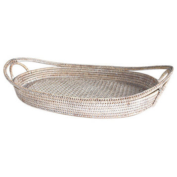 White Wash Rattan Oval Open Handle Tray 21"