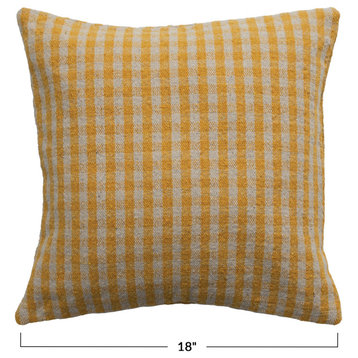 Woven Recycled Cotton Blend Pillow Cover, Gingham, Mustard and White