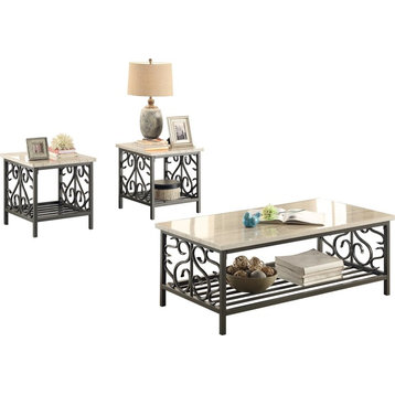 3-Piece Faden Metal Occasional with Faux Marble Cocktail, 2 End Table