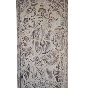Consigned Ganesha on Lotus Wall Sculpture, Vintage Whitewashed Barn Door