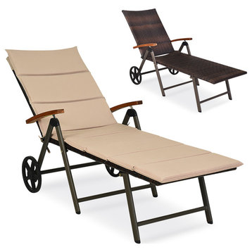 Costway Aluminum Rattan Patio Lounger Recliner Chair with Wheels in Brown