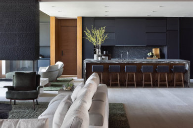 Living room - mid-sized modern formal and open concept light wood floor, white floor, wood ceiling and wood wall living room idea in Phoenix with white walls, a hanging fireplace, a stone fireplace and no tv
