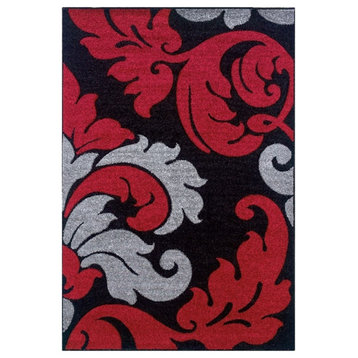 Linon Corfu Damask Frieze Yarn Pile  5'x7'7" Area Rug in Black & Red