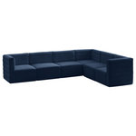 Meridian Furniture - Quincy Velvet Upholstered 6-Piece L-Shaped Modular Sectional, Navy - Show them all that less is more with the minimalist look of this Quincy velvet cloud-like comfort modular sectional. This elegant chair features a simple design that's all about comfort and modern style. The soft navy velvet upholstery is sleek to the touch, and the back of the unit features deep horizontal channel tufting for a look that wows. Because this is a modular seating option, you can pair it easily with other items in the Quincy collection to create a look you love. Latches underneath make it easy to mix and match items from the collection.