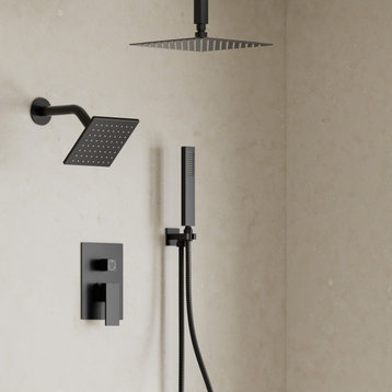 Newest Wall Mount Square Dual Shower Heads Shower Faucet Set with Valve, Matte Black, 10" & 6"