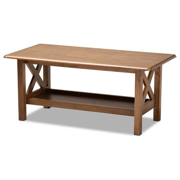 Traditional Transitional Walnut Brown Finished Rectangular Wood Coffee Table