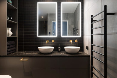 Design ideas for a mid-sized contemporary master bathroom in Auckland with black cabinets and a floating vanity.