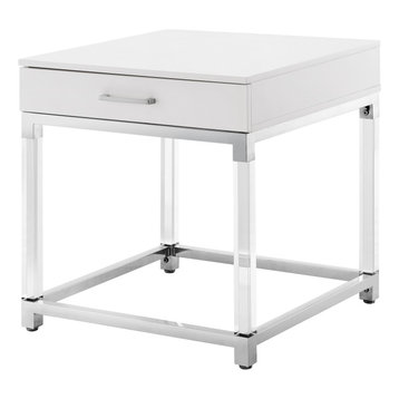 Dario High Gloss End Table With Acrylic Legs and Metal Base, White/Chrome
