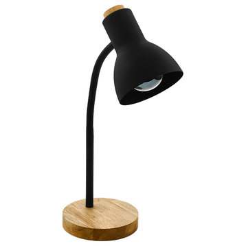 Verdal 1-Light Table Lamp, Black Finish, Wood Accents, Black Metal Shade