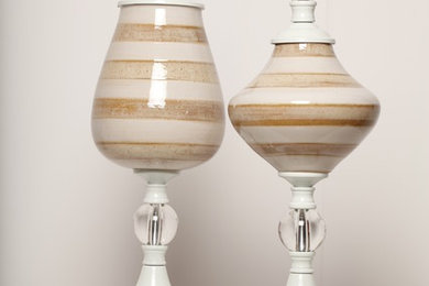 Beige and white hand made ceramic vases with metal lid (large & small)