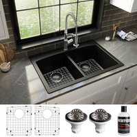 Karran Drop-in Quartz 33" 1-Hole 50/50 Double Bowl Sink Kit, Black