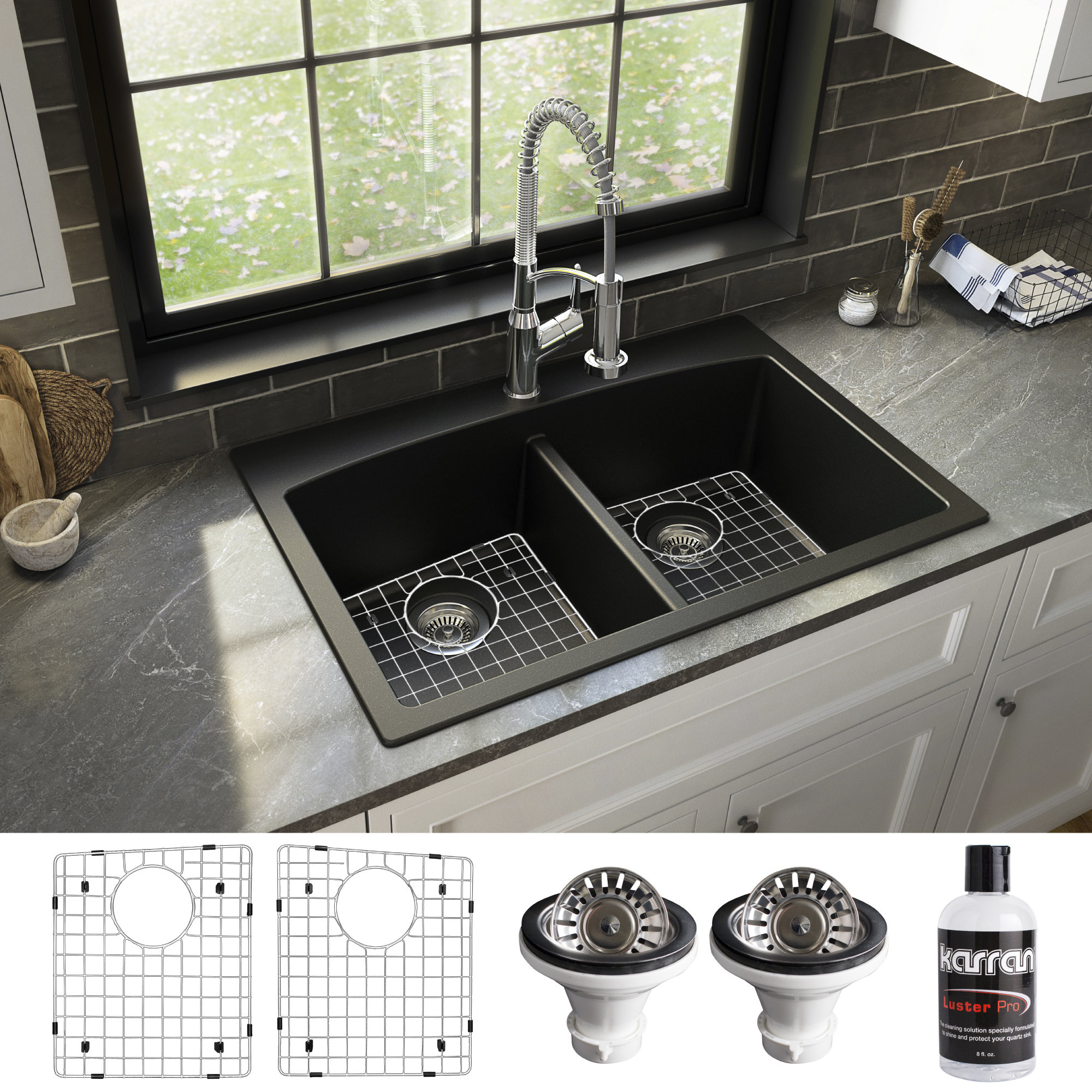 Karran Drop-in Quartz 33" 1-Hole 50/50 Double Bowl Sink Kit, Black