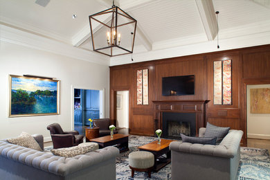 Inspiration for a timeless open concept medium tone wood floor family room remodel in Baltimore with white walls, a standard fireplace, a wood fireplace surround and a wall-mounted tv