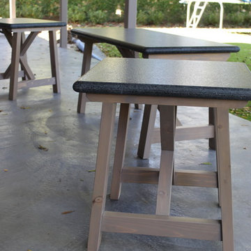 Outdoor patio furniture with granite tops and cedar wood base