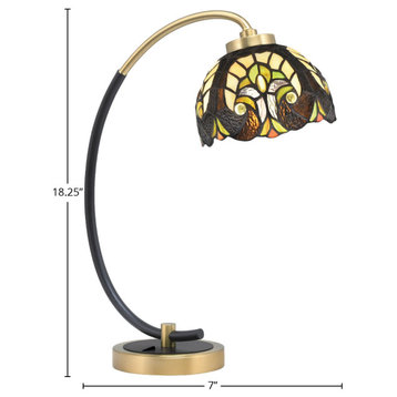 1-Light Desk Lamp, Matte Black/New Age Brass, 7" Ivory Cypress Art Glass