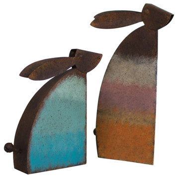 Rustic Metal Rabbits With Colored Detail, Set of 2