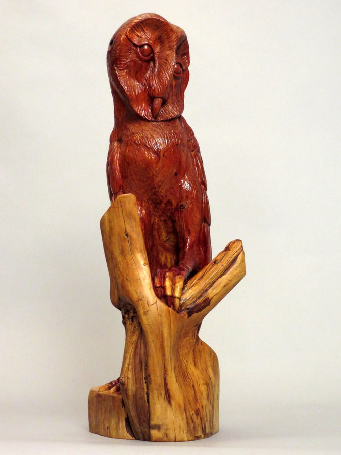 Red Barn Owl. Hand Carved Cedar Sculpture 17" x 8"
