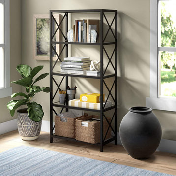 Transitional Bookcase, X-Shaped Sides and Glass Shelves, Blackened Bronze