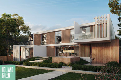 Modelo de fachada de casa actual con revestimiento de madera