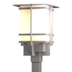 Hubbardton Forge - Tourou Large Outdoor Post Light, Coastal Burnished Steel Finish, Opal Glass - Although the design is in honor of traditional Japanese stone lanterns, our Tourou Outdoor fixture is much easier to post-mount outside home or business. Metals bands crisscross and hug the square glass tube for design flare.