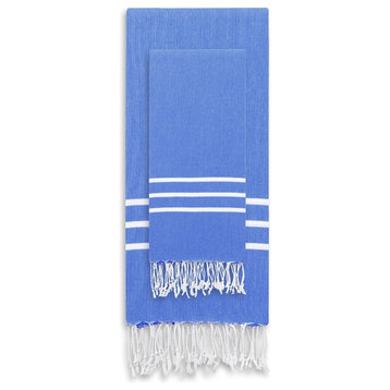 Alara Turkish Pestemal Hand Towels, Set of 2, Royal Blue/White Stripes