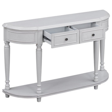 Classic Console Table, Turned Legs With Rounded Top & 2 Storage Drawers, Gray