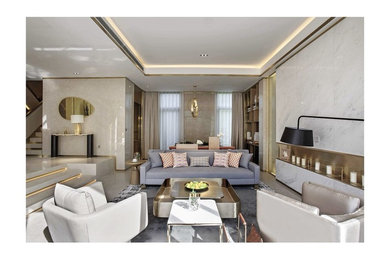 Large trendy open concept marble floor living room photo in Other