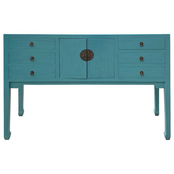 Pastel Blue Lacquer Tall Moon Face 6 Drawers Slim Foyer Side Table Hcs7563