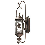 Design Toscano - Le Champs Toulon Hanging Pendant Lantern - Add a French accent to your home or sheltered outdoor area with this richly ornate Design Toscano-exclusive pendant lantern embellished with intricate, faux copper-finished metalwork that boasts four fleurs-de-lis. A metal canopy and a tall Hurricane glass insert release, not only to accept your pillar candle, but to showcase an artistic melding of metal and glass. Candle not included.   11"Wx7.5"Dx30.5"H. 4 lbs.