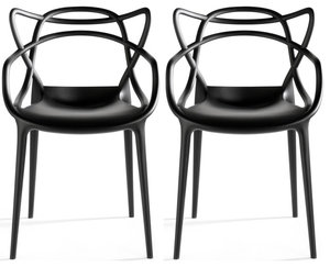 Stackable Molded Plastic Dining Chair With Arms Kitchen Outdoor Modern Set of 2, Black