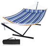 2 Person Hammock With Stand, Weather Resistant Bed With Carry Back, Blue Stripes