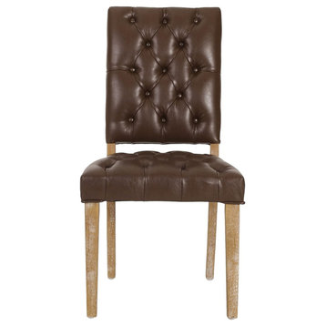 Set of 2 Dining Chair, Faux Leather Seat With Button Tufted Back, Dark Brown