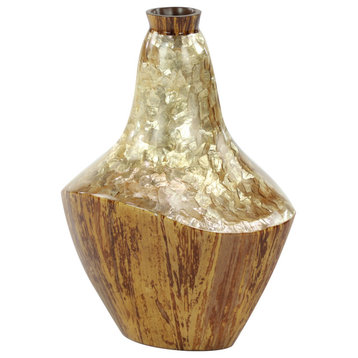 Large Gold Capiz Shell and Natural Banana Wood Vase, 15"