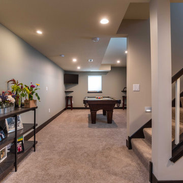 Modern Windowless Lower Level Media and Family Room Featuring "Faux Windows"