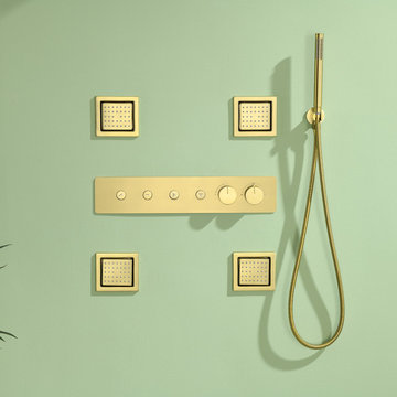 Thermostatic Brushed Gold Built-in Luxury Shower System With Jets and Wall Mount