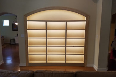 custom built-in book shelf with curved molding and LED lighting