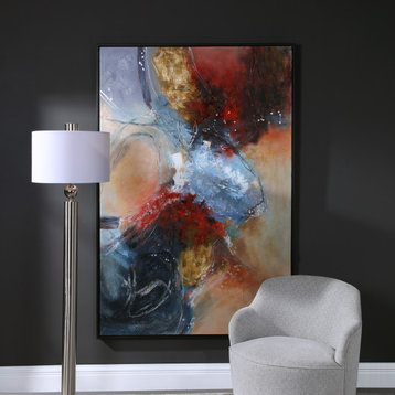 Dramatic Oversize 74" Red Blue Abstract Painting Modern Wall Art Shapes Framed