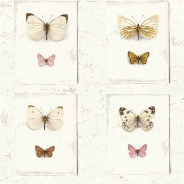 Butterfly Weathered Rustic Off White/Pink Flutter Wallpaper, Off/White, Double Roll