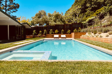 Modelo de piscina retro de tamaño medio rectangular en patio trasero con paisajismo de piscina