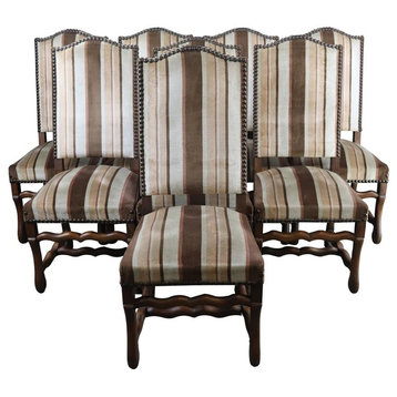Consigned Dining Chairs Set 8 Vintage French Sheepbone Oak Brown/Beige Stripe