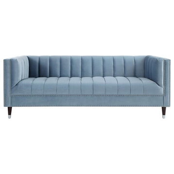 Posh Living Soraya Tufted Velvet Sofa with Nailhead Trim in Slate Blue/Chome