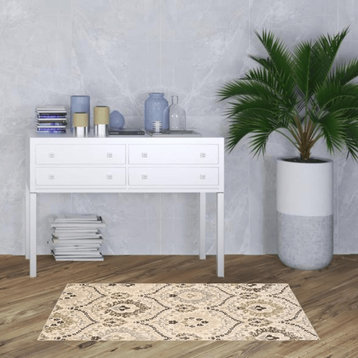 3' X 5' Ivory Gray And Olive Floral Stain Resistant Area Rug