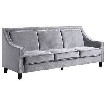 Traditional Sofa, Comfortable Velvet Seat With Swoop Arm & Nailhead Trim, Gray