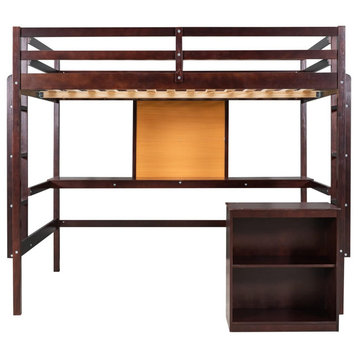 Twin Loft Bed, Pine Wood Frame With 2 Shelf Bookcase and Built, Desk, Espresso