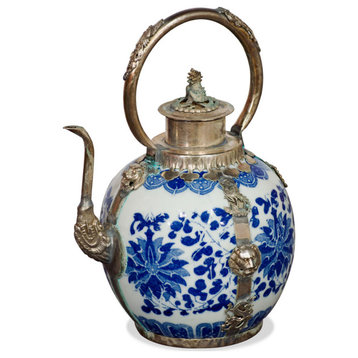 Tibetan Porcelain and Brass Teapot, White/Blue