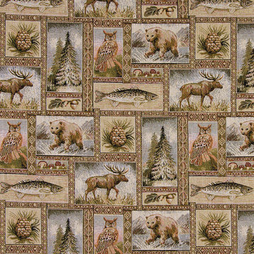 Bears Moose Trees Acorns Fish Theme Tapestry Upholstery Fabric By The Yard