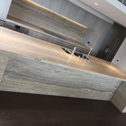 Travertine Florence vein cut slabs to Kitchen bench and splashback - Kitchen Benchtops