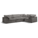 Meridian Furniture - Cozy Velvet Upholstered Comfort L-Shaped Modular Sectional, Grey, 4-Piece: 1 Armless Chair, 3 Corner Chair - Bring home this Cozy 4-piece sectional for a fresh new look. Embrace casual elegance with this Cozy velvet cloud-like comfort modular fiber-filled seating option. Handsome from all angles, this piece features soft grey velvet upholstery to make it an easy fit in any room. This modular piece can be combined with other items in the Cozy collection to create a seating group of your dreams. The cushions on this piece are exceptionally comfortableand filled with fiber for luxury that you deserve as you rest and relax.