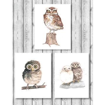 Baby Watercolor Owls Print, 3-Piece Set, Neutral, 8"